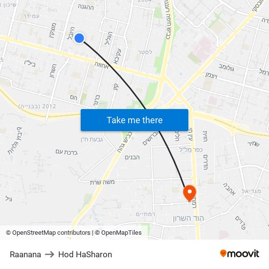 Raanana to Hod HaSharon map