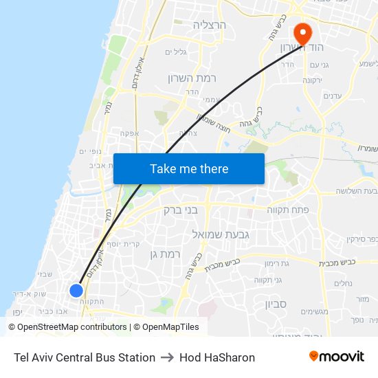 Tel Aviv Central Bus Station to Hod HaSharon map