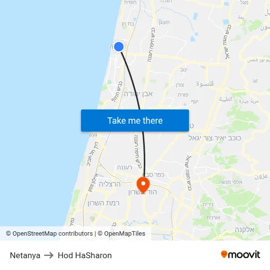 Netanya to Hod HaSharon map