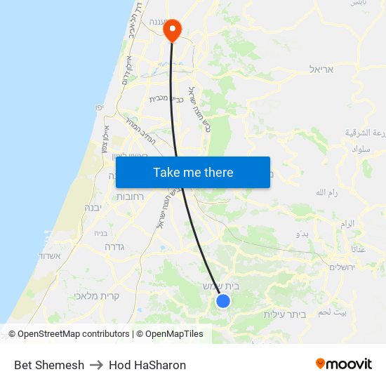 Bet Shemesh to Hod HaSharon map