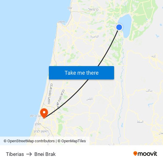 Tiberias to Bnei Brak map