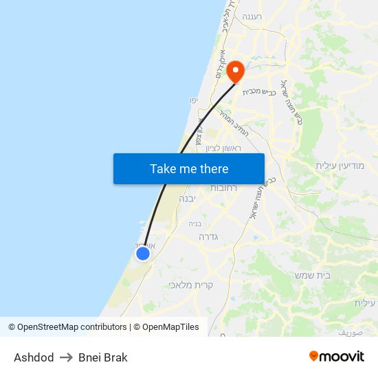 Ashdod to Bnei Brak map