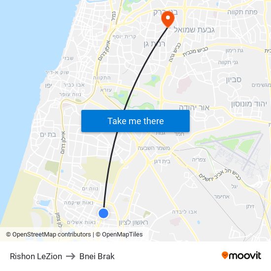 Rishon LeZion to Bnei Brak map