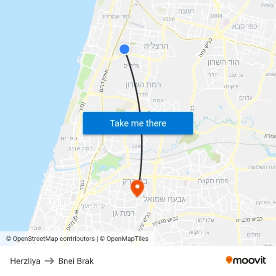 Herzliya to Bnei Brak map