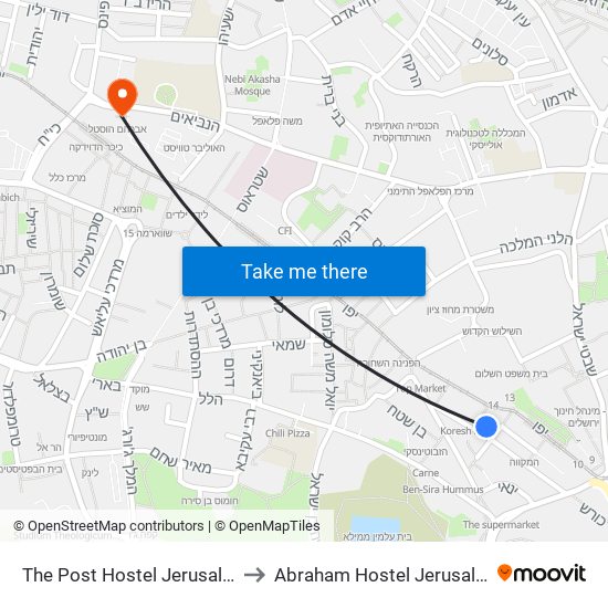 The Post Hostel Jerusalem to Abraham Hostel Jerusalem map