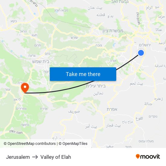 Jerusalem to Valley of Elah map