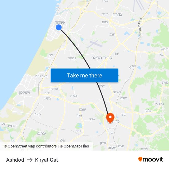 Ashdod to Kiryat Gat map