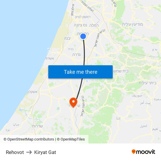 Rehovot to Kiryat Gat map