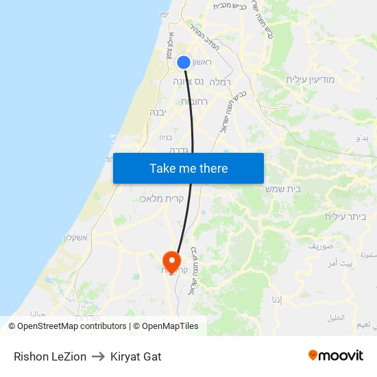 Rishon LeZion to Kiryat Gat map