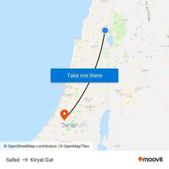 Safed to Kiryat Gat map