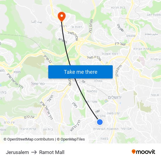 Jerusalem to Ramot Mall map