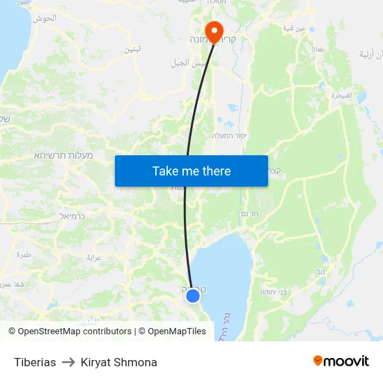 Tiberias to Kiryat Shmona map