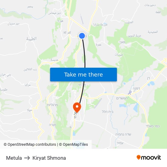 Metula to Kiryat Shmona map