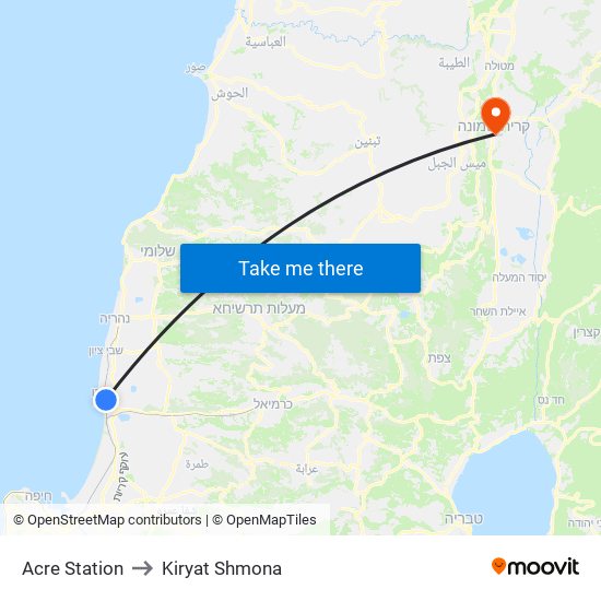 Acre Station to Kiryat Shmona map