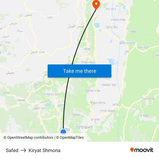 Safed to Kiryat Shmona map