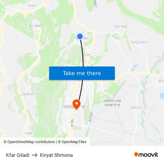 Kfar Giladi to Kiryat Shmona map