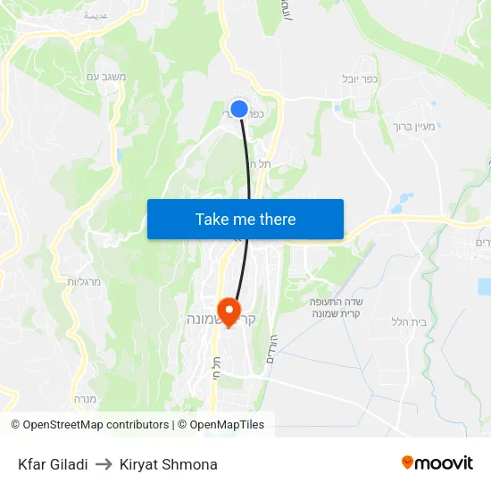 Kfar Giladi to Kiryat Shmona map