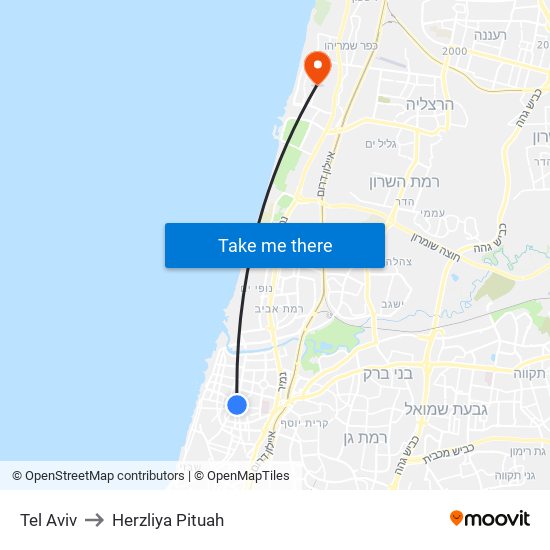 Tel Aviv to Herzliya Pituah map