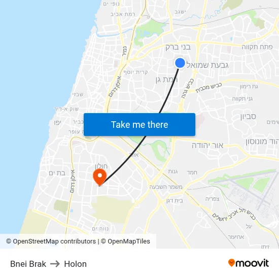 Bnei Brak to Holon map