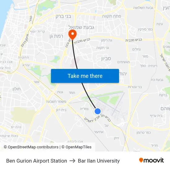 Ben Gurion Airport Station to Bar Ilan University map
