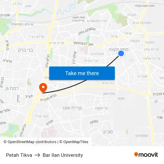 Petah Tikva to Bar Ilan University map