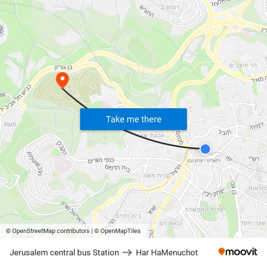 Jerusalem central bus Station to Har HaMenuchot map