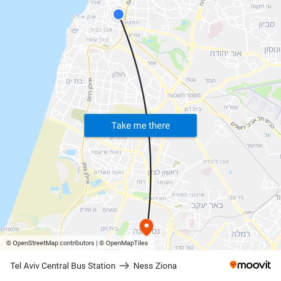 Tel Aviv Central Bus Station to Ness Ziona map