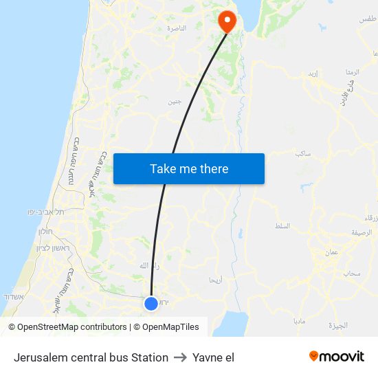 Jerusalem central bus Station to Yavne el map