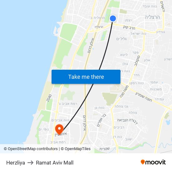 Herzliya to Ramat Aviv Mall map