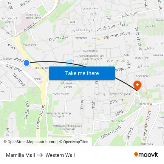 Mamilla Mall to Western Wall map