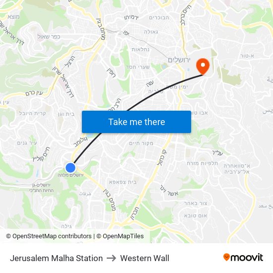 Jerusalem Malha Station to Western Wall map