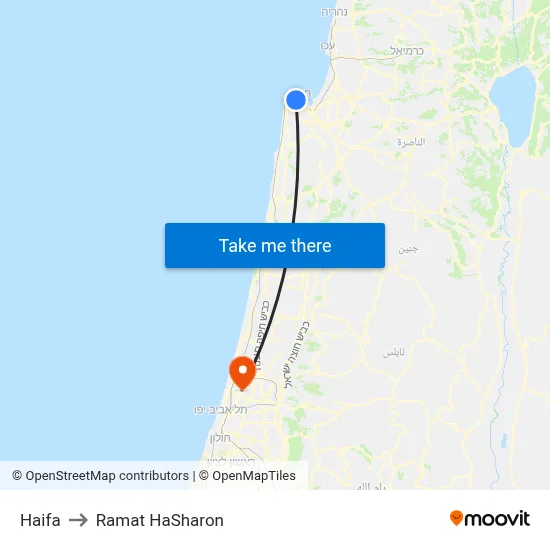 Haifa to Ramat HaSharon map
