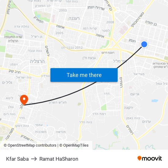 Kfar Saba to Ramat HaSharon map
