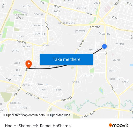 Hod HaSharon to Ramat HaSharon map