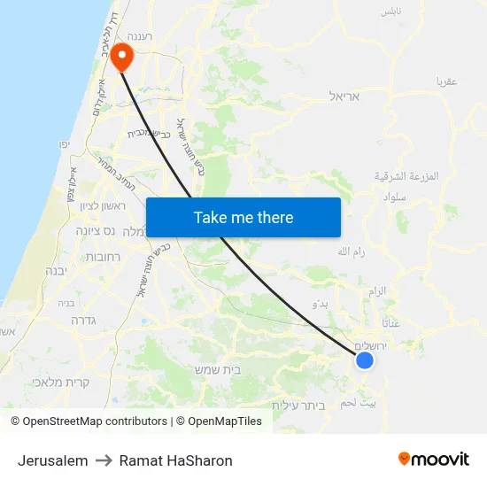 Jerusalem to Ramat HaSharon map