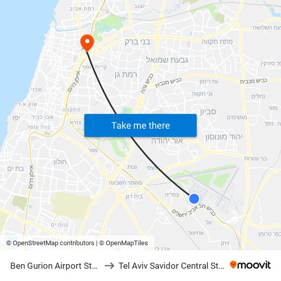 Ben Gurion Airport Station to Tel Aviv Savidor Central Station map