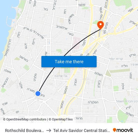 Rothschild Boulevard to Tel Aviv Savidor Central Station map