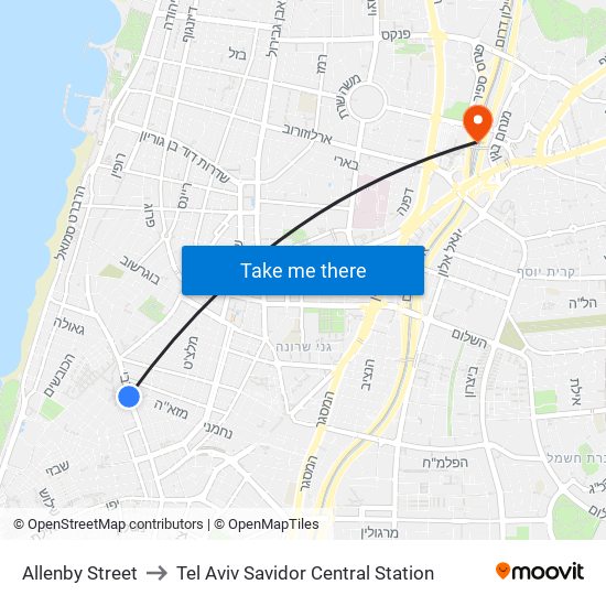 Allenby Street to Tel Aviv Savidor Central Station map