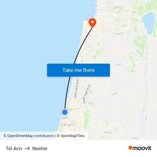 Tel Aviv to Nesher map