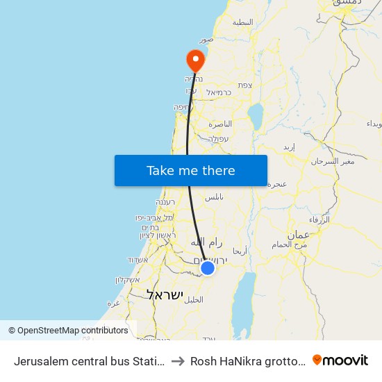 Jerusalem central bus Station to Rosh HaNikra grottoes map