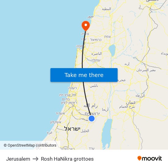 Jerusalem to Rosh HaNikra grottoes map