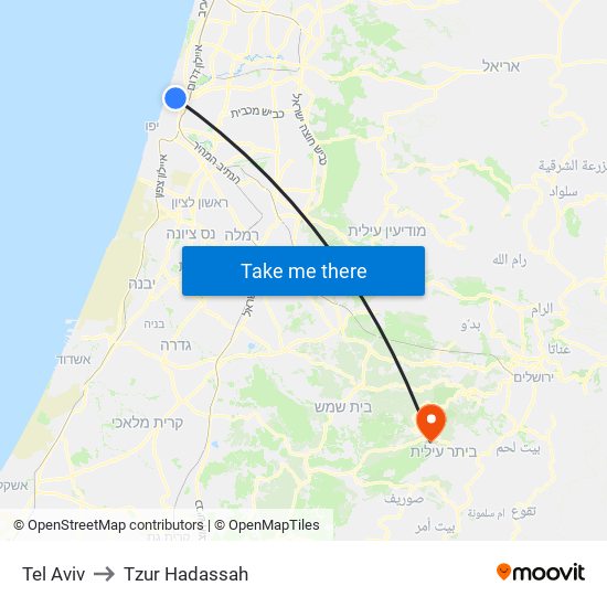 Tel Aviv to Tzur Hadassah map
