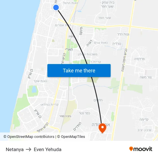 Netanya to Even Yehuda map
