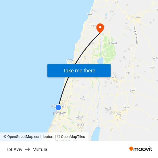 Tel Aviv to Metula map