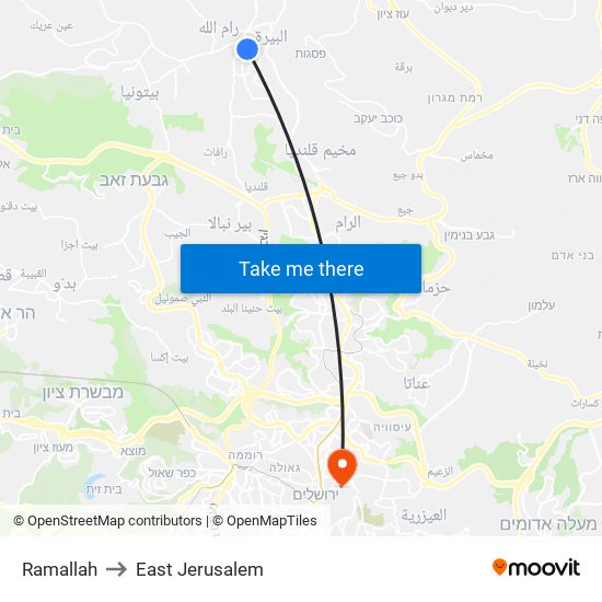 Ramallah to East Jerusalem map