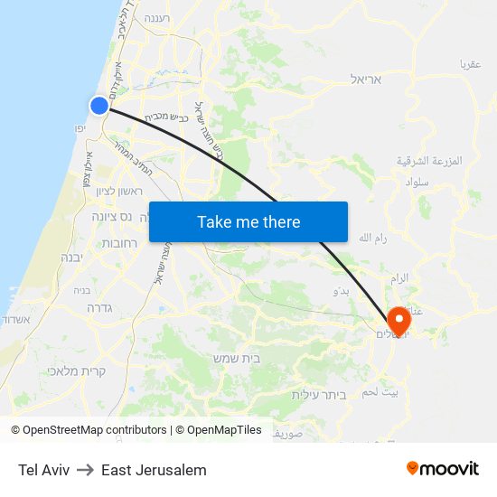 Tel Aviv to East Jerusalem map