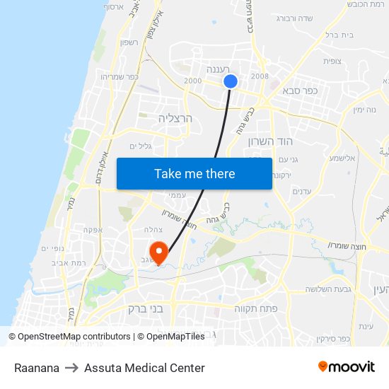 Raanana to Assuta Medical Center map