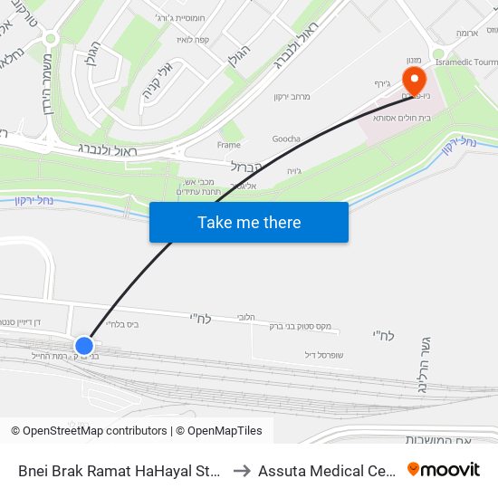 Bnei Brak Ramat HaHayal Station to Assuta Medical Center map