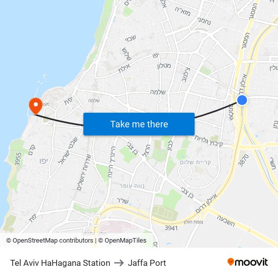 Tel Aviv HaHagana Station to Jaffa Port map