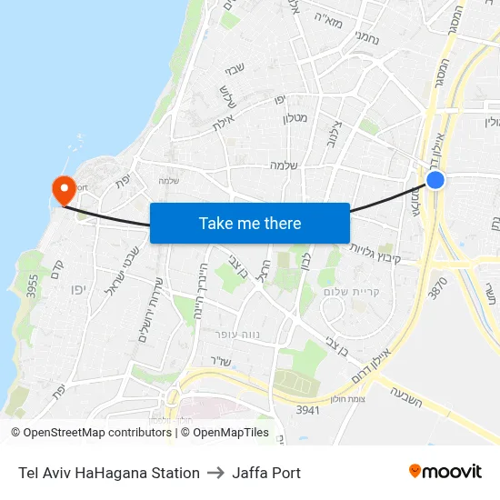 Tel Aviv HaHagana Station to Jaffa Port map